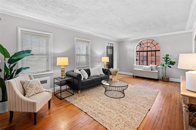 living area featuring ornamental molding, wood-type flooring, a textured ceiling, and baseboards