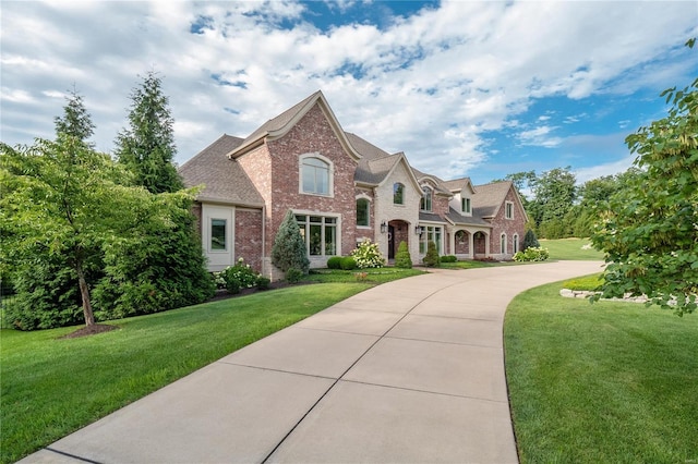 view of front of home with a shingled roof, a front yard, and brick siding