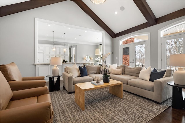 living room with high vaulted ceiling, recessed lighting, french doors, dark wood-style floors, and beamed ceiling