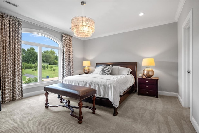 bedroom with ornamental molding, light colored carpet, visible vents, and baseboards