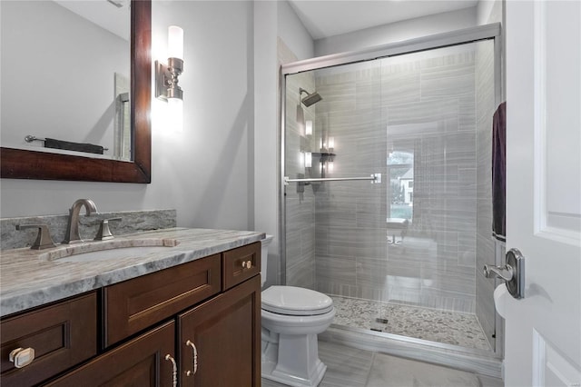 full bathroom with toilet, a stall shower, and vanity