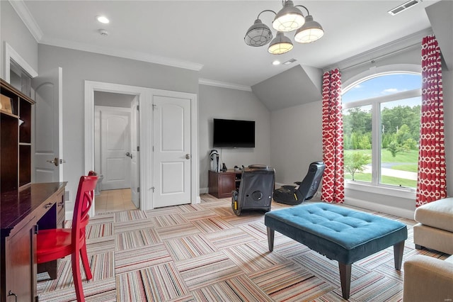 living area with light carpet, ornamental molding, visible vents, and baseboards