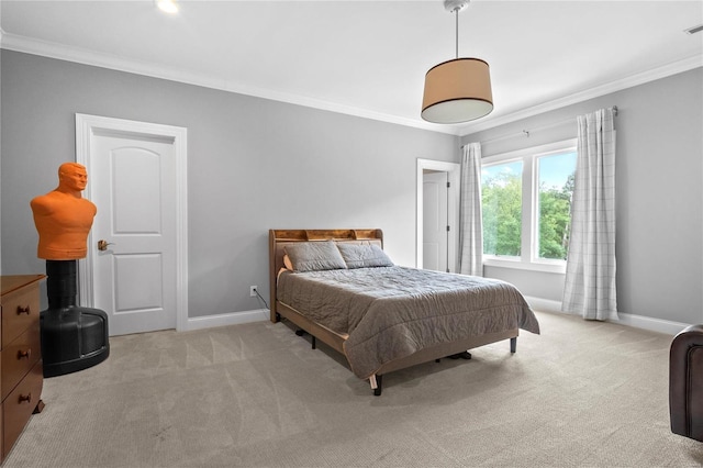 bedroom featuring light carpet, crown molding, and baseboards