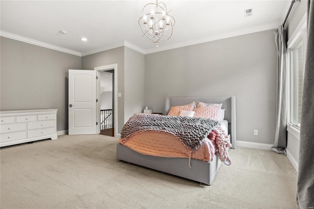 bedroom with light carpet, baseboards, and a notable chandelier