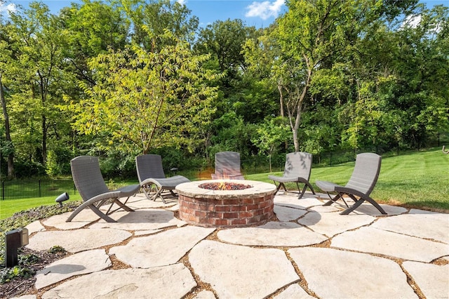 view of patio / terrace with a fire pit and fence