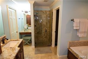 full bath featuring ornate columns, a shower stall, crown molding, and vanity