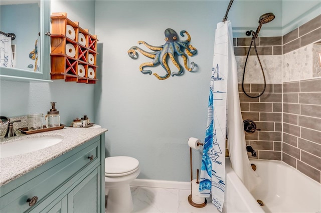 full bath featuring toilet, vanity, baseboards, marble finish floor, and shower / bathtub combination with curtain