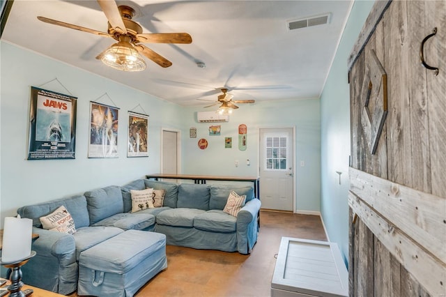 living room featuring ceiling fan, a wall unit AC, a fireplace, visible vents, and baseboards