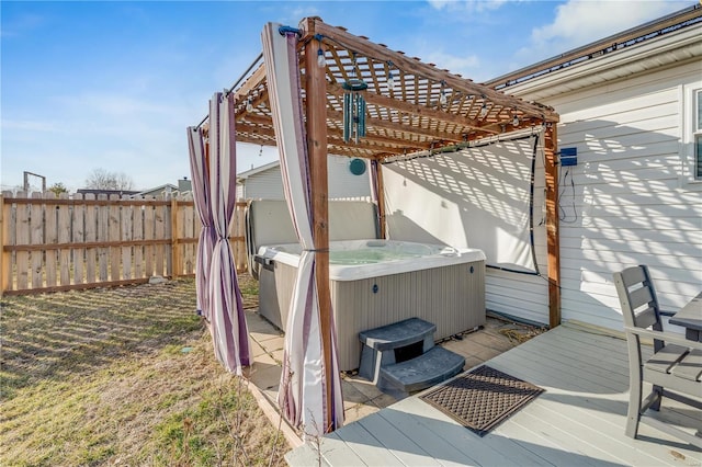 deck with central air condition unit, a pergola, fence, and a hot tub