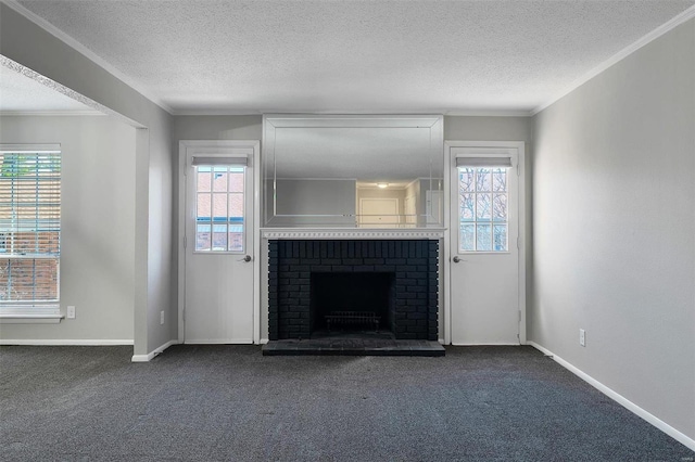 unfurnished living room featuring crown molding, a healthy amount of sunlight, and dark colored carpet