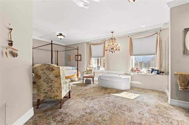 bathroom with baseboards, ornamental molding, and a notable chandelier