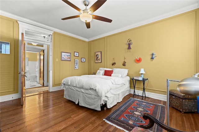 bedroom with ceiling fan, ornamental molding, wood finished floors, and baseboards