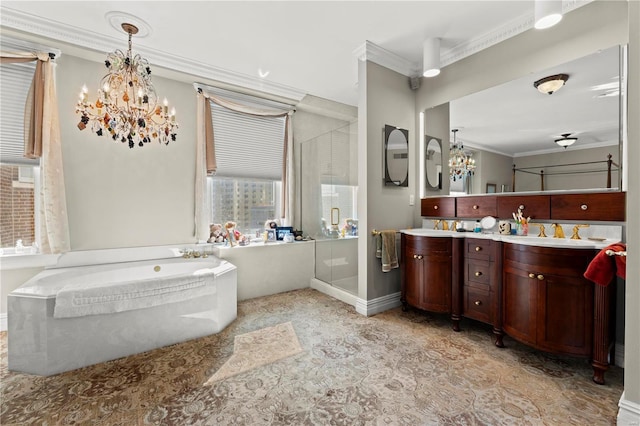 full bath featuring a chandelier, ornamental molding, a shower stall, and a bath