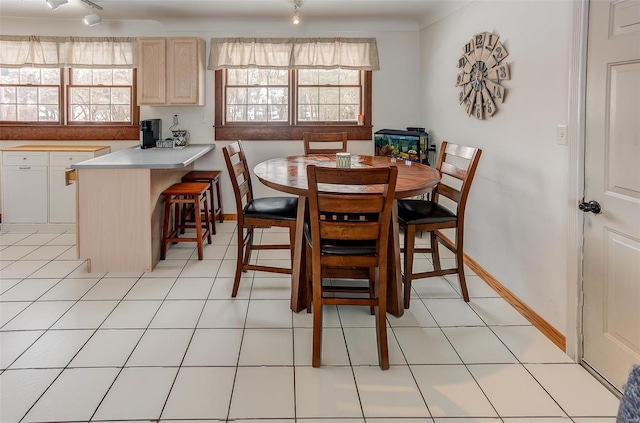 dining space featuring light tile patterned floors, rail lighting, and baseboards