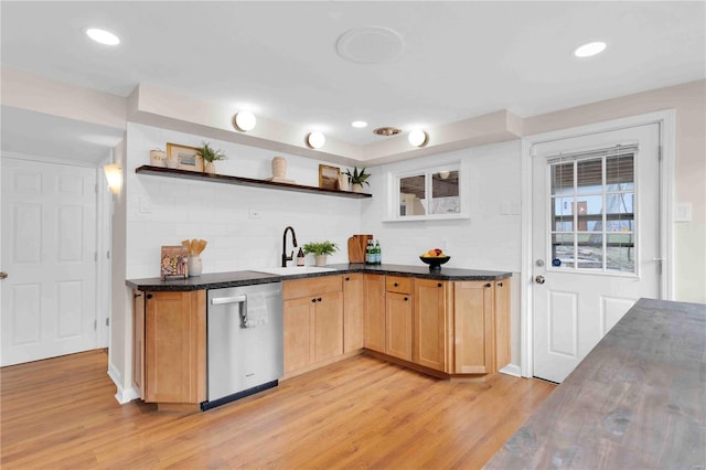 kitchen with light wood-style floors, tasteful backsplash, open shelves, and stainless steel dishwasher