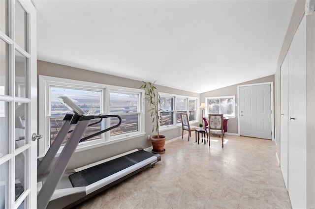 exercise area with lofted ceiling, plenty of natural light, and baseboards