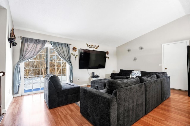 living room with lofted ceiling and wood finished floors