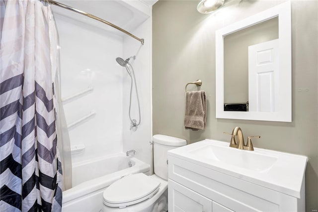 full bathroom featuring toilet, shower / bathtub combination with curtain, and vanity