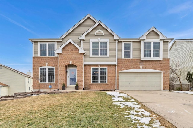 traditional-style house with driveway, brick siding, an attached garage, and a front yard