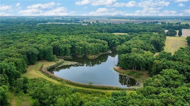 aerial view featuring a water view and a view of trees