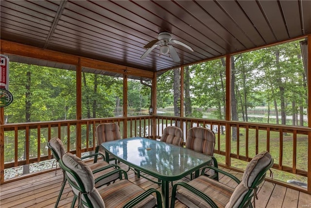 sunroom / solarium with a water view and ceiling fan