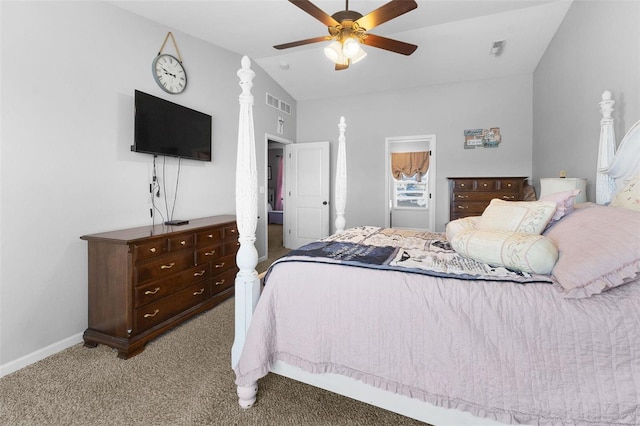 bedroom featuring visible vents, baseboards, ceiling fan, carpet, and vaulted ceiling