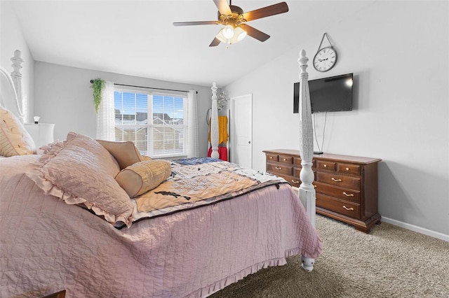 carpeted bedroom with lofted ceiling, ceiling fan, and baseboards