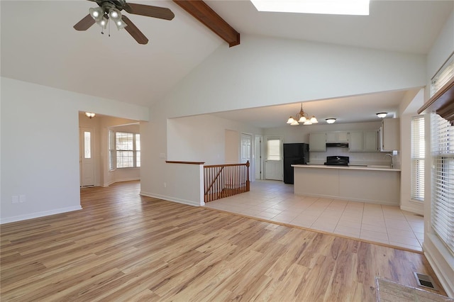 unfurnished living room featuring beam ceiling, visible vents, a sink, high vaulted ceiling, and light wood-type flooring