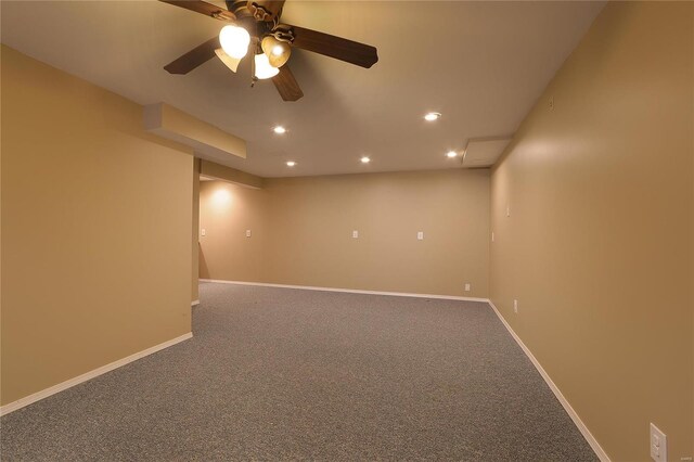 empty room with carpet floors, recessed lighting, ceiling fan, and baseboards