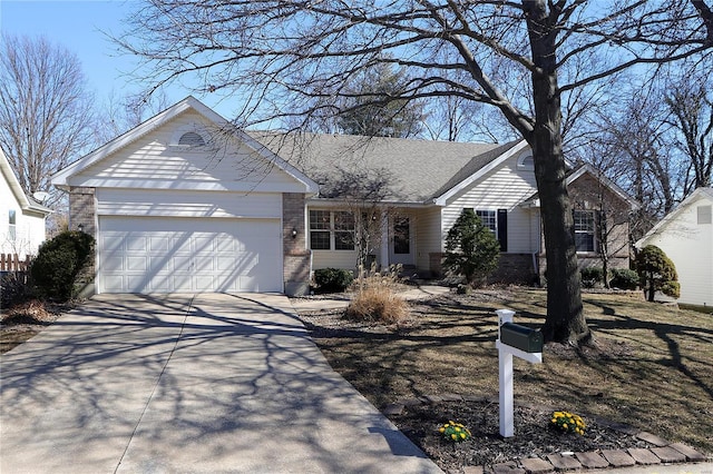 ranch-style home with an attached garage, a shingled roof, concrete driveway, and brick siding