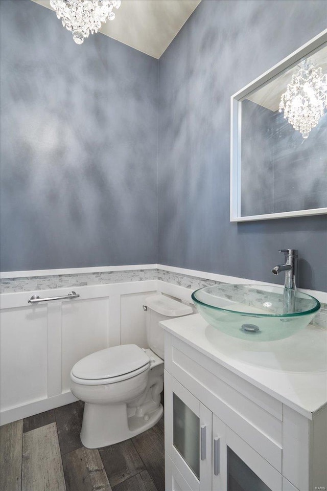 half bath featuring toilet, vanity, wood finished floors, and wainscoting