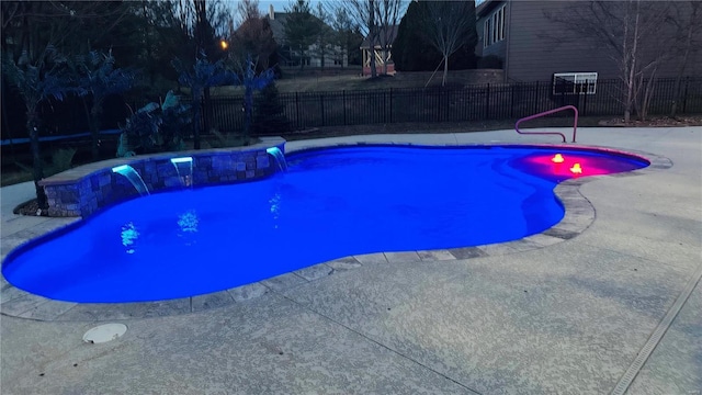 view of pool featuring fence, a fenced in pool, and a patio