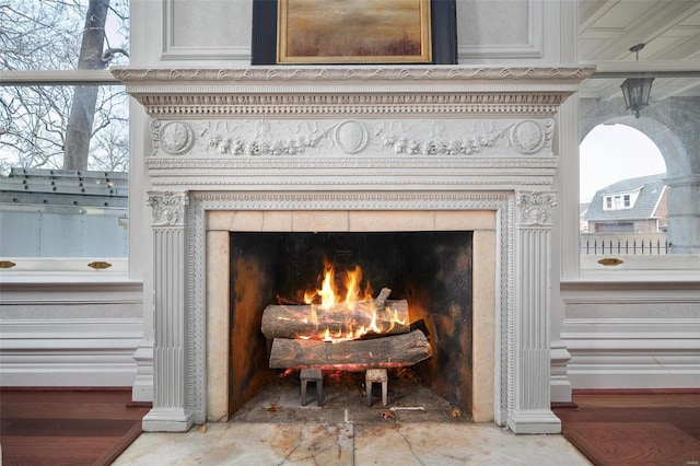 details featuring a fireplace