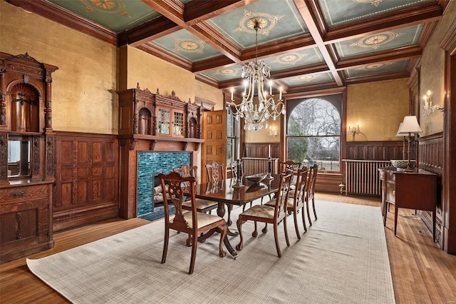 dining area featuring wainscoting, coffered ceiling, and beam ceiling