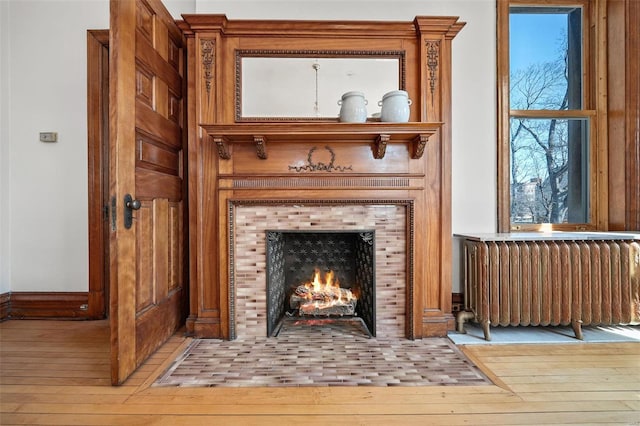 room details featuring a tiled fireplace, wood finished floors, and radiator