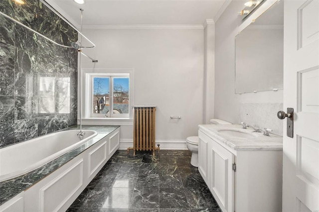 full bathroom featuring toilet, radiator heating unit, a washtub, and crown molding