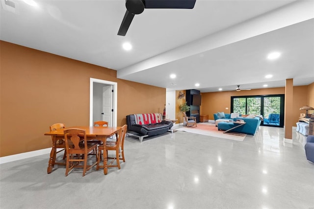 interior space with finished concrete flooring, visible vents, baseboards, ceiling fan, and recessed lighting