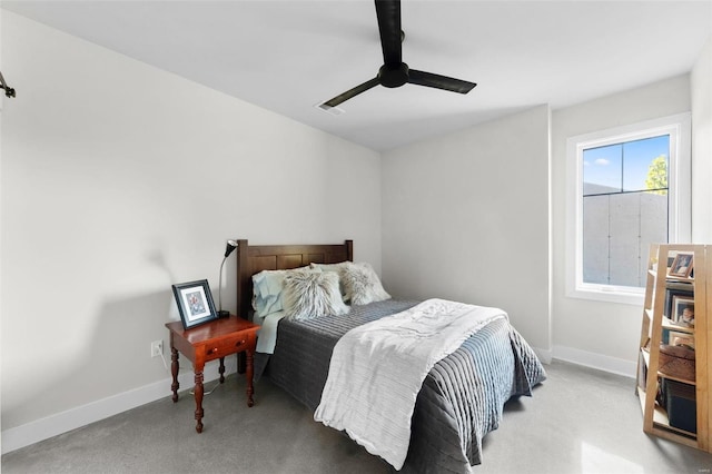 bedroom featuring visible vents, a ceiling fan, and baseboards