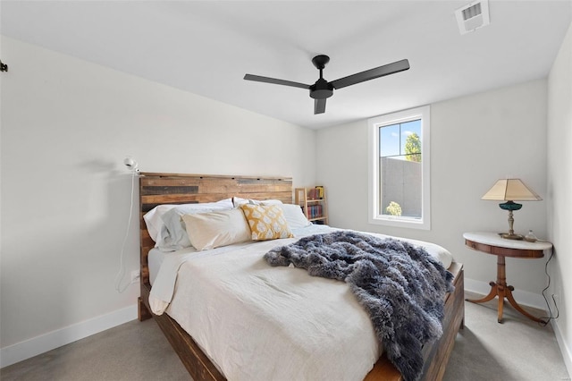 bedroom with baseboards, visible vents, and ceiling fan