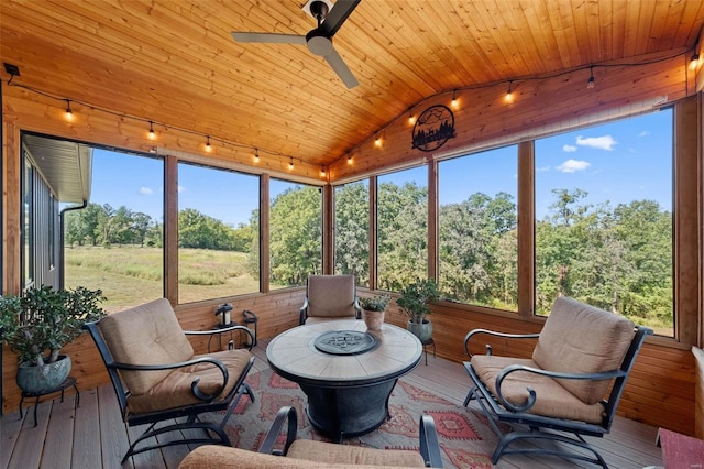 sunroom / solarium with lofted ceiling, wood ceiling, rail lighting, and ceiling fan