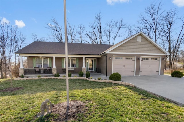 view of front of property with roof with shingles, covered porch, concrete driveway, a front yard, and a garage