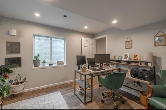 home office with recessed lighting, baseboards, and wood finished floors