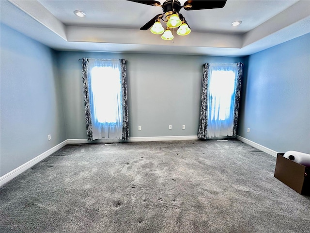 spare room featuring baseboards, a tray ceiling, and a wealth of natural light