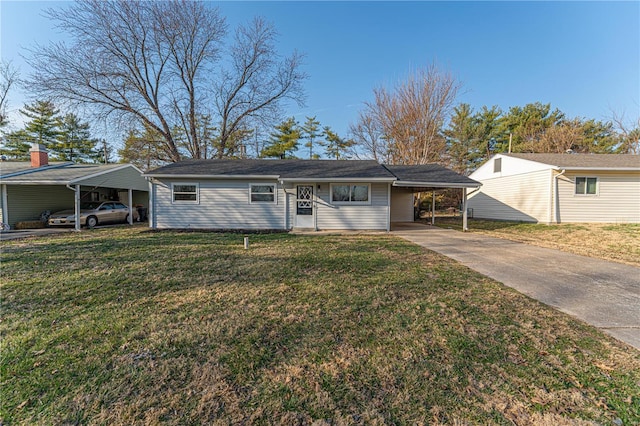 single story home with an attached carport, concrete driveway, and a front lawn