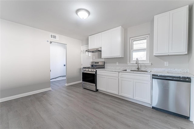 kitchen featuring visible vents, a sink, under cabinet range hood, appliances with stainless steel finishes, and white cabinets