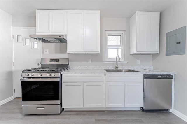 kitchen featuring electric panel, appliances with stainless steel finishes, exhaust hood, white cabinetry, and a sink