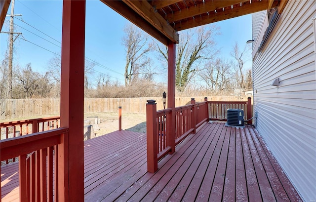 wooden deck with a fenced backyard and central AC