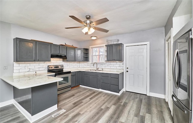 kitchen with under cabinet range hood, light wood-style flooring, a peninsula, stainless steel appliances, and a sink