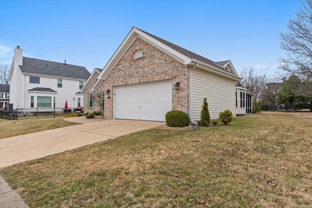 view of front of house with driveway, a garage, fence, and brick siding