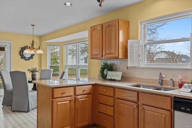 kitchen featuring dishwasher, backsplash, a peninsula, pendant lighting, and a sink